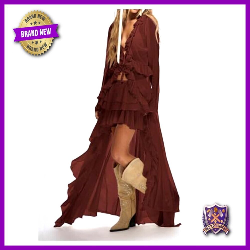 Boho Layered Ruffle Chiffon Maxi Skirt Elastic Waist Asymmetrical - Picture 5 of 5